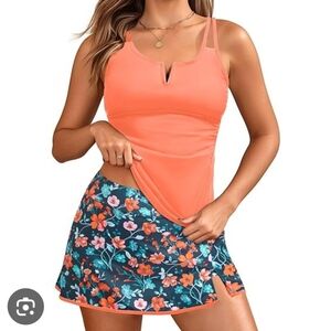 Coral Floral Swim Shirt Skirt 2 Piece Tankini by Tempt Me